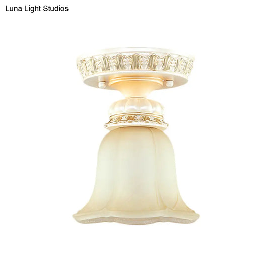 Cottage Fluted Cream Glass Hallway Ceiling Lamp - Blooming Beige Flush Mount