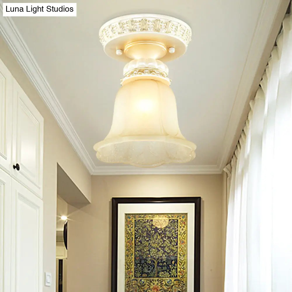 Cottage Fluted Cream Glass Hallway Ceiling Lamp - Blooming Beige Flush Mount