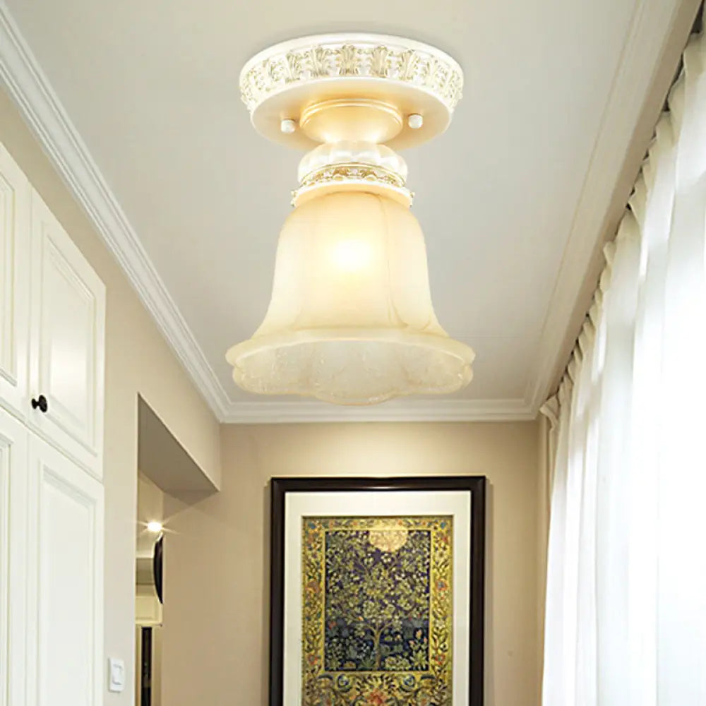 Cottage Fluted Cream Glass Hallway Ceiling Lamp - Blooming Beige Flush Mount