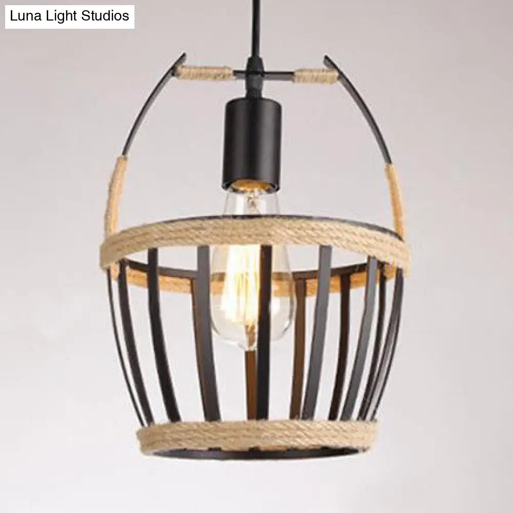 Metal Bucket Cage Pendant Ceiling Light With Rope Detail - Country Style In Black For Restaurants