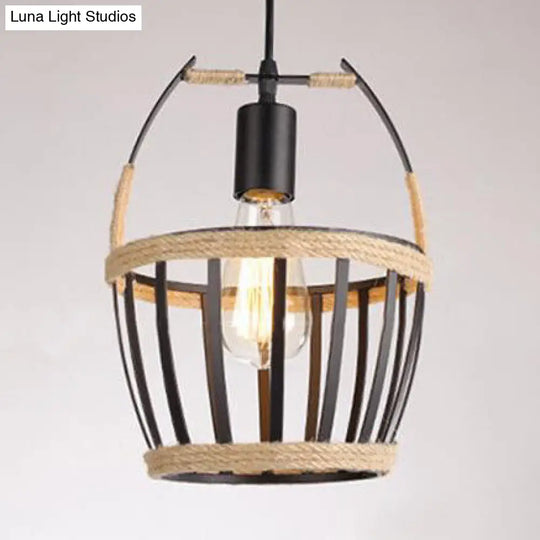 Metal Bucket Cage Pendant Ceiling Light With Rope Detail - Country Style In Black For Restaurants