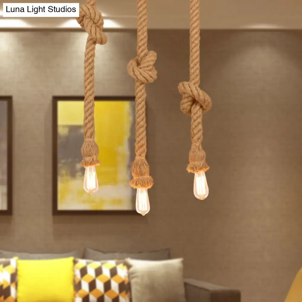 Country 3-Light Beige Rope Pendant With Open Bulb - Natural And Stylish Balcony Lighting