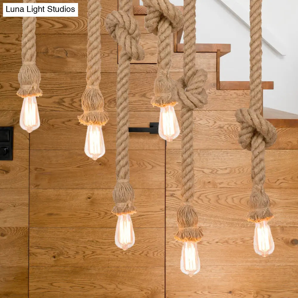 Suspended Beige Rope Pendant Light With 3 Open Bulb Design - Natural And Country-Look For Balcony