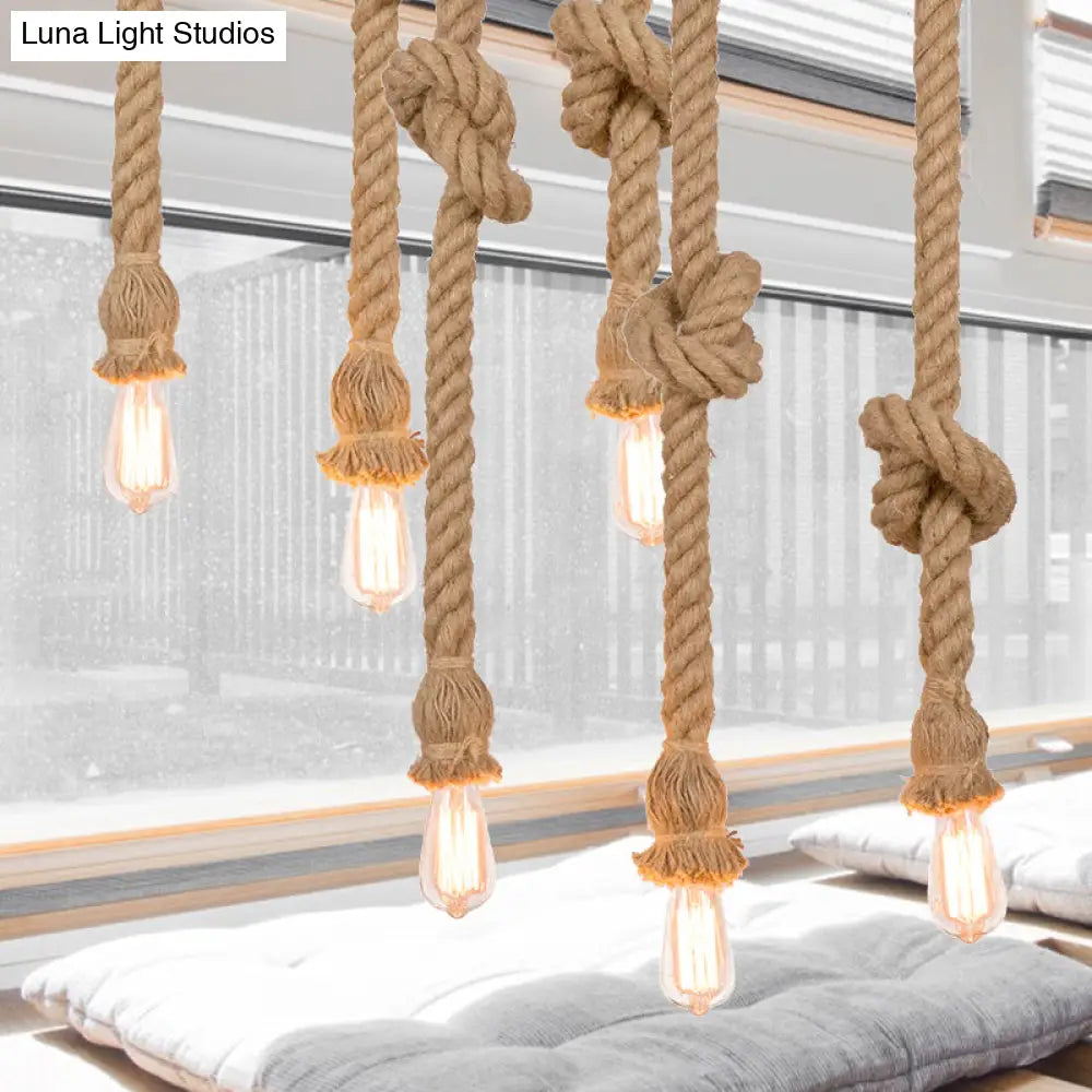 Country 3-Light Beige Rope Pendant With Open Bulb - Natural And Stylish Balcony Lighting