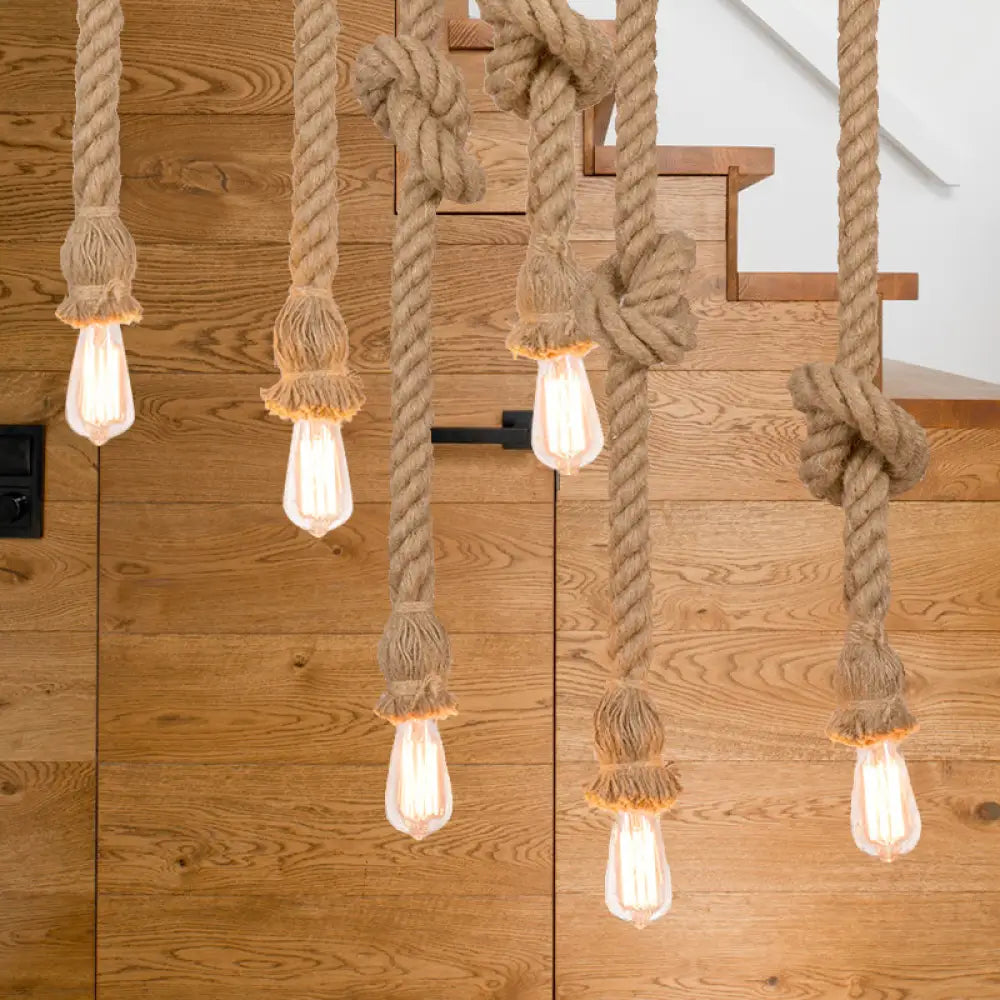 Country 3-Light Beige Rope Pendant With Open Bulb - Natural And Stylish Balcony Lighting