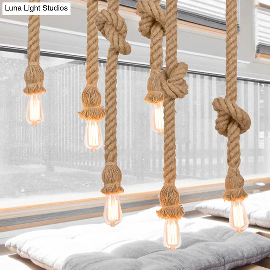 Suspended Beige Rope Pendant Light With 3 Open Bulb Design - Natural And Country-Look For Balcony