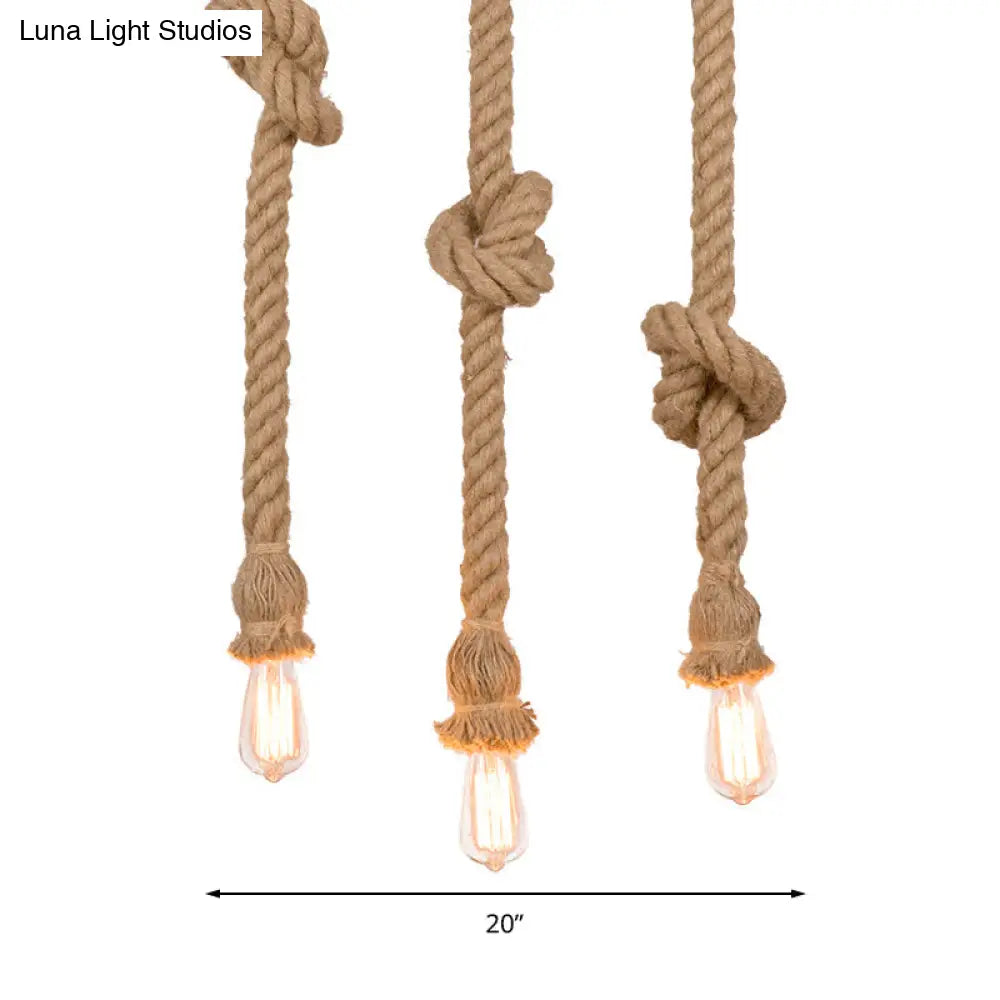 Country 3-Light Beige Rope Pendant With Open Bulb - Natural And Stylish Balcony Lighting