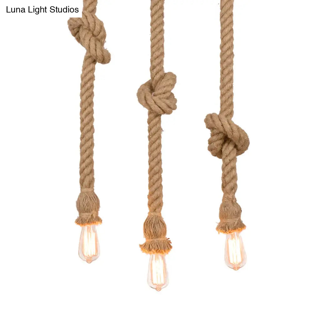 Country 3-Light Beige Rope Pendant With Open Bulb - Natural And Stylish Balcony Lighting