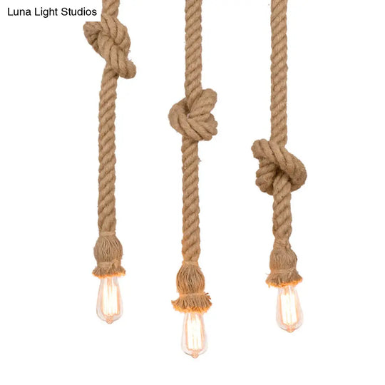 Country 3-Light Beige Rope Pendant With Open Bulb - Natural And Stylish Balcony Lighting