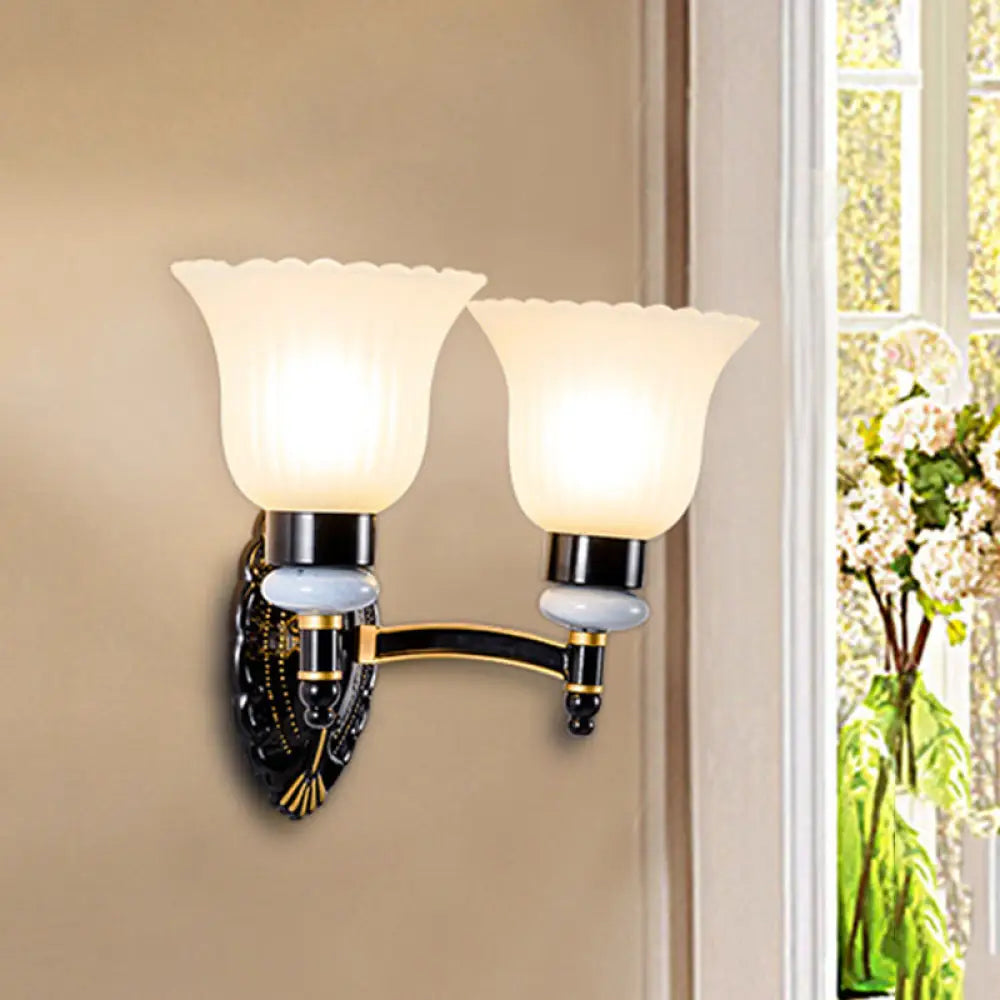 Country Bell Wall Mount 1/2-Light Frosted Glass Sconce In Black - Rustic Lighting 2 /