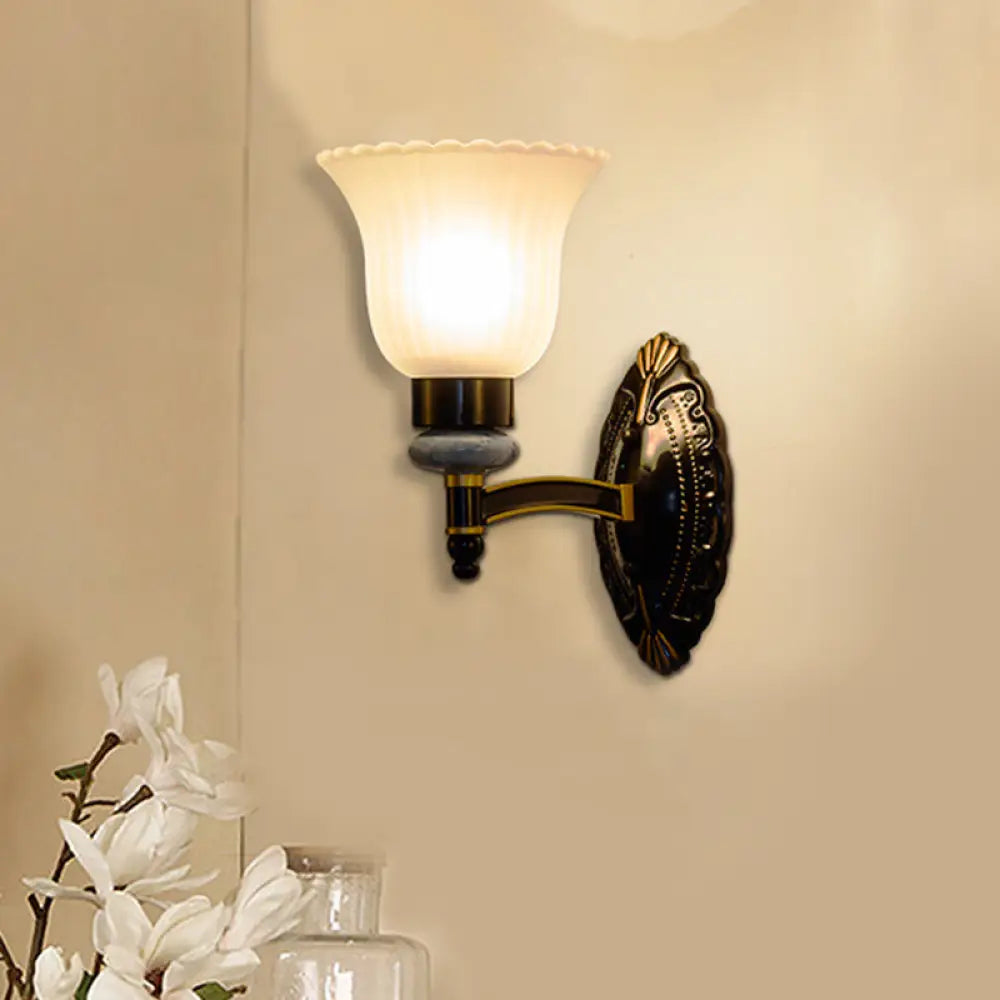 Country Bell Wall Mount 1/2-Light Frosted Glass Sconce In Black - Rustic Lighting 1 /