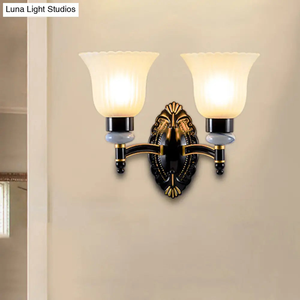 Country Bell Wall Mount 1/2-Light Frosted Glass Sconce In Black - Rustic Lighting