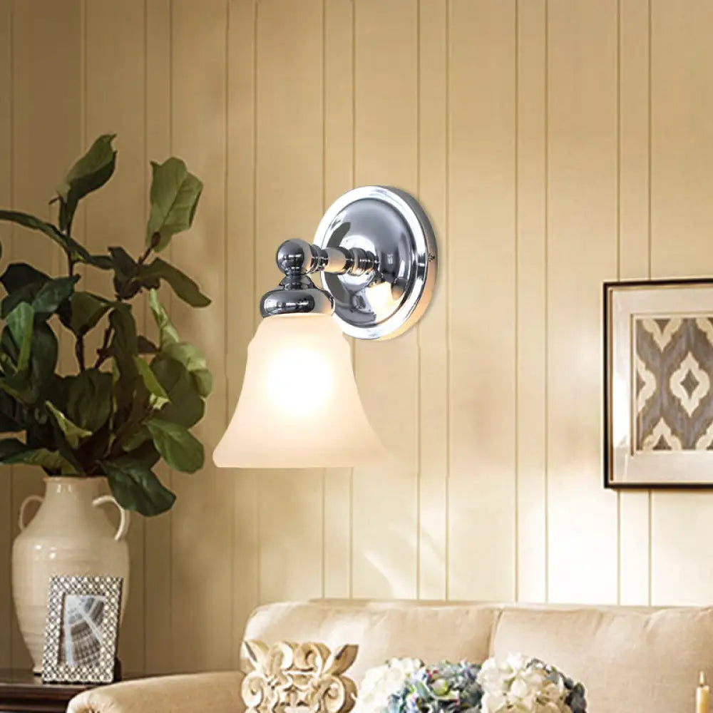 Country Bell White Glass Wall Sconce Light With Silver Accent