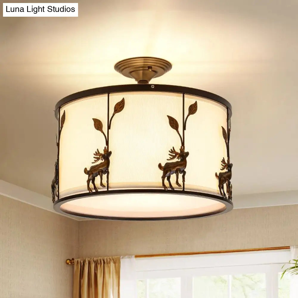 Country Black Deer Drum Ceiling Light With 3 - Lights For Living Room