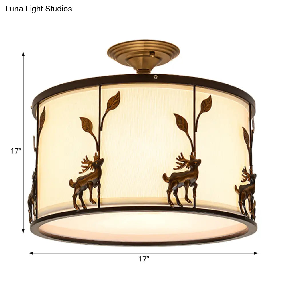 Country Black Deer Drum Ceiling Light With 3 - Lights For Living Room