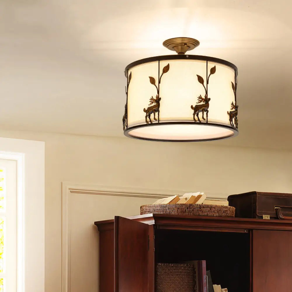 Country Black Deer Drum Ceiling Light With 3 - Lights For Living Room