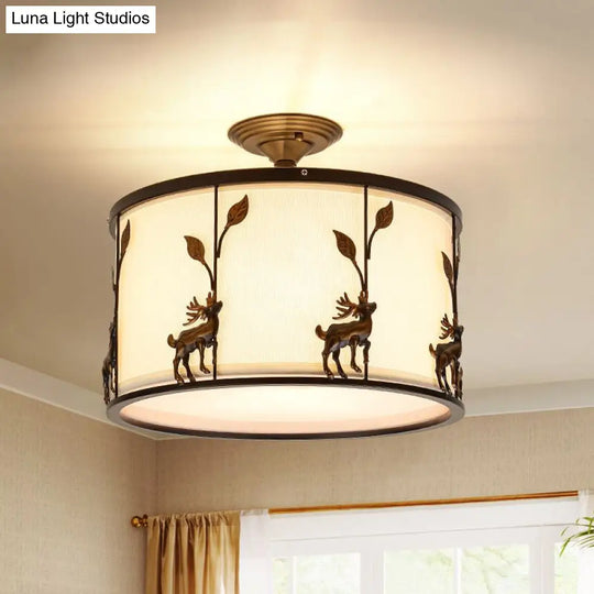 Country Black Deer Drum Ceiling Light With 3-Lights For Living Room