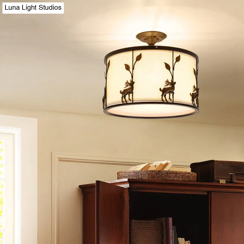 Country Black Deer Drum Ceiling Light With 3-Lights For Living Room