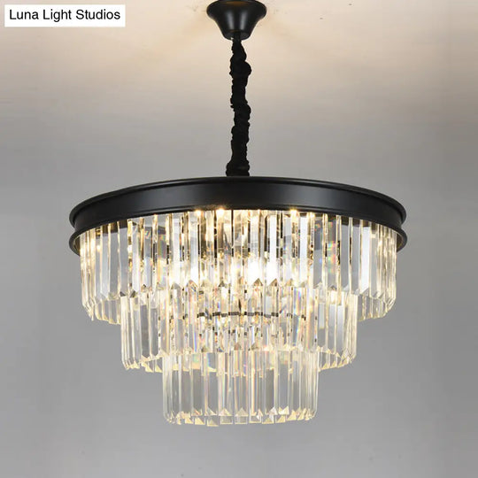 Country Black Finish Crystal Chandelier With 12 Tiered Round Pendulum Lights