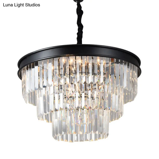 Country Black Finish Crystal Chandelier With 12 Tiered Round Pendulum Lights