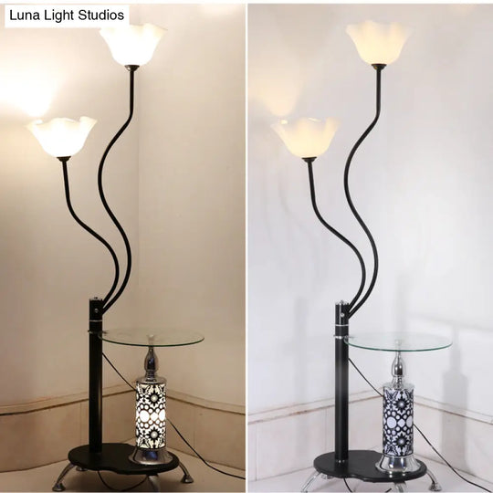 Country Black Frosted Glass Standing Floor Lamp With Tray - 3 Bulbs Open-Top Flower Light