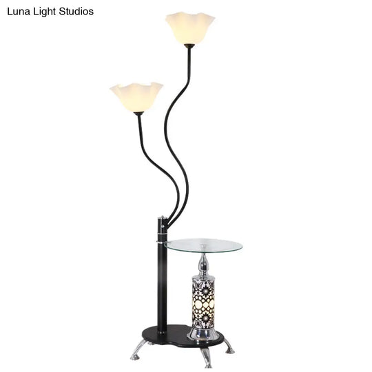 Country Black Frosted Glass Standing Floor Lamp With Tray - 3 Bulbs Open-Top Flower Light