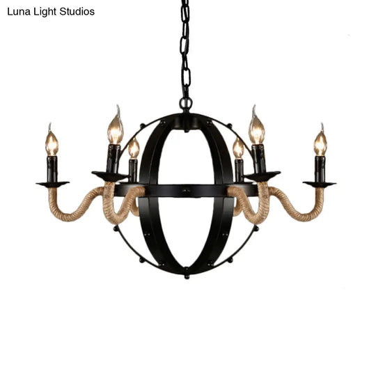 Country Black Metal Chandelier Pendant Light With 6 Candle Lights For Dining Room Ceiling