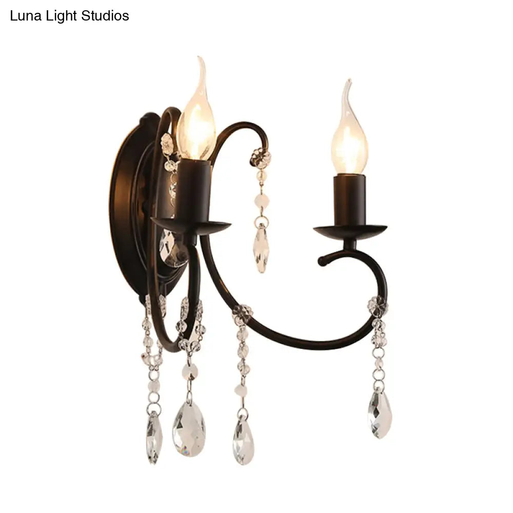 Country Black Metal Wall Lamp With Crystal Accents - 2 Head Candle-Style Fixture For Corridors