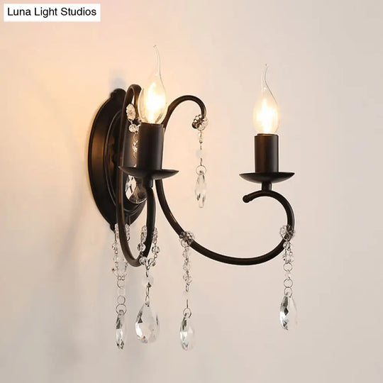 Country Black Metal Wall Lamp With Crystal Accents - 2 Head Candle-Style Fixture For Corridors