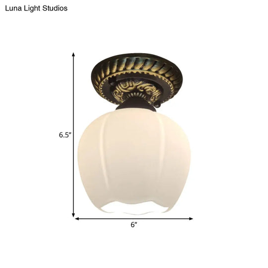 Country Blossom Flush Mount Ceiling Lighting - Single Bulb Milky Glass In Brown