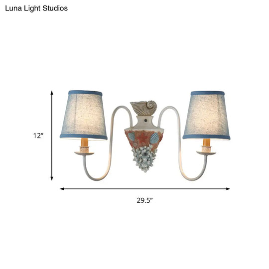 Country Blue Curved Arm Indoor Sconce Light With Tapered Fabric Shade - 2-Bulb Metal Wall Lighting