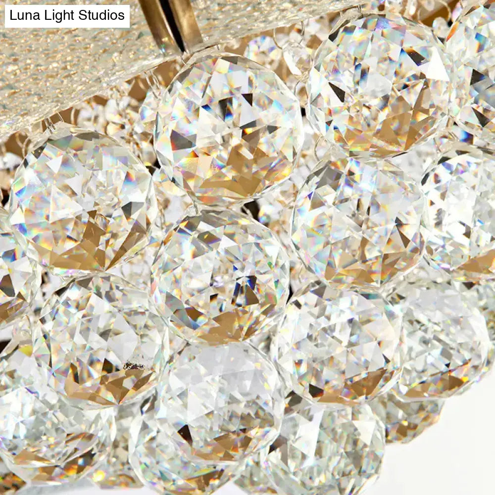 Country Brass Flush Mount Led Ceiling Lamp With Seedy Glass And Crystal Draping