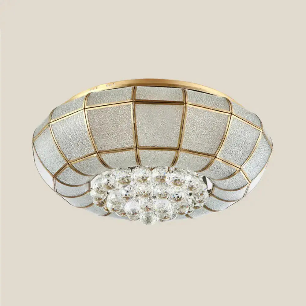 Country Brass Flush Mount Led Ceiling Lamp With Seedy Glass And Crystal Draping / 18’