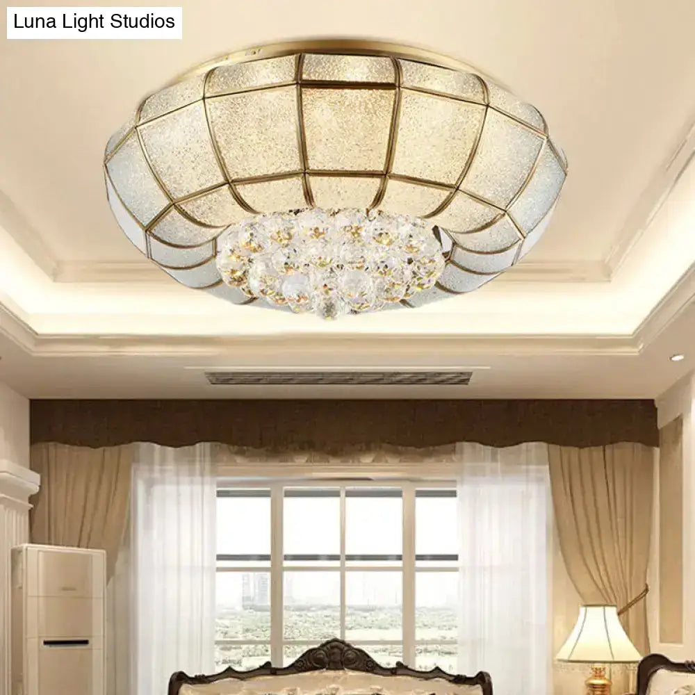 Country Brass Flush Mount Led Ceiling Lamp With Seedy Glass And Crystal Draping