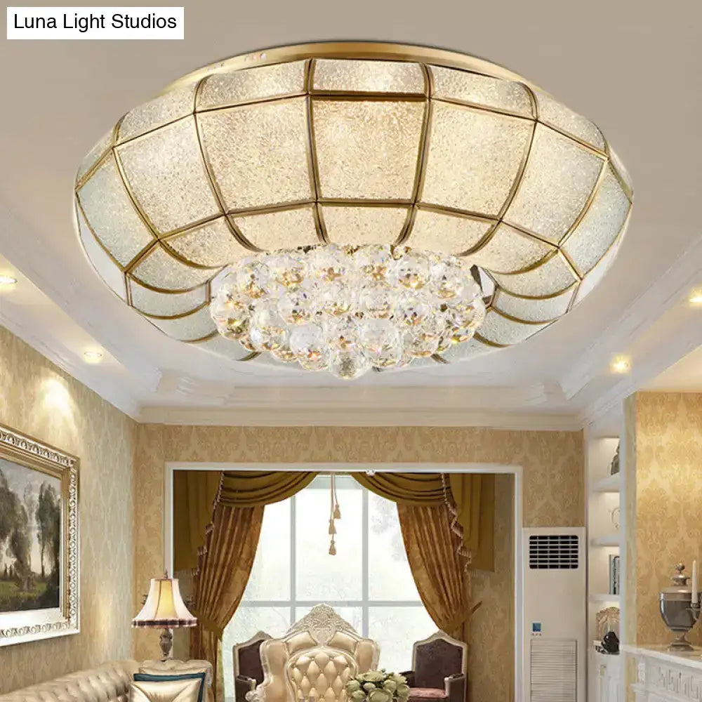 Country Brass Flush Mount Led Ceiling Lamp With Seedy Glass And Crystal Draping