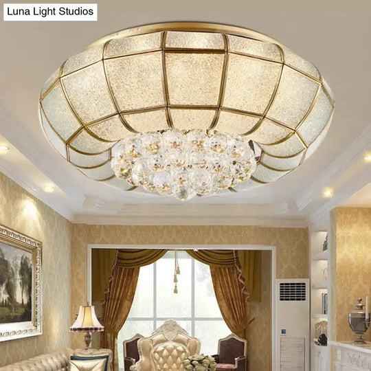 Country Brass Flush Mount Led Ceiling Lamp With Seedy Glass And Crystal Draping