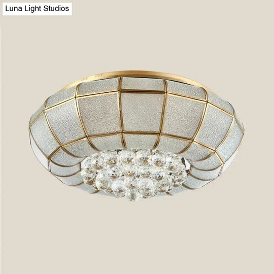 Country Brass Flush Mount Led Ceiling Lamp With Seedy Glass And Crystal Draping