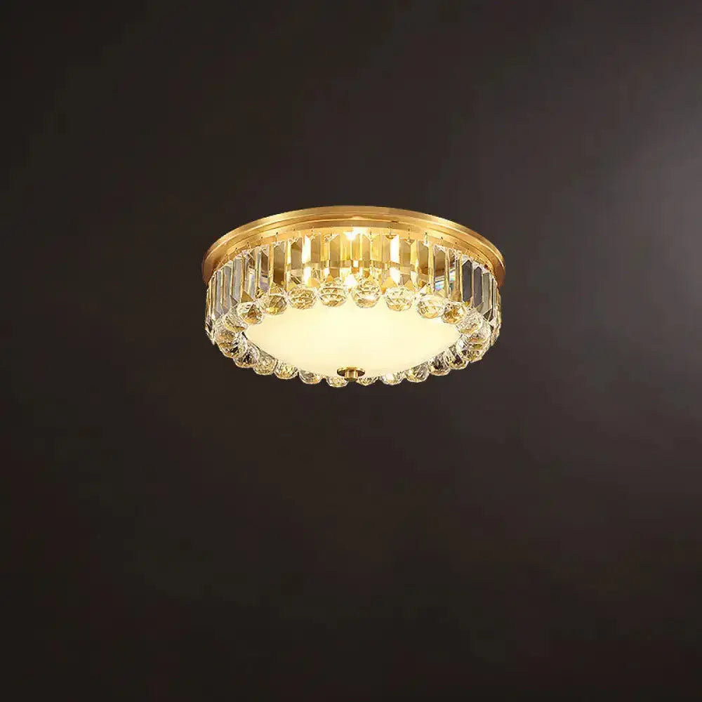 Country Brass Led Flush Ceiling Light With Frosted Glass And Crystal Round Edge / 14’