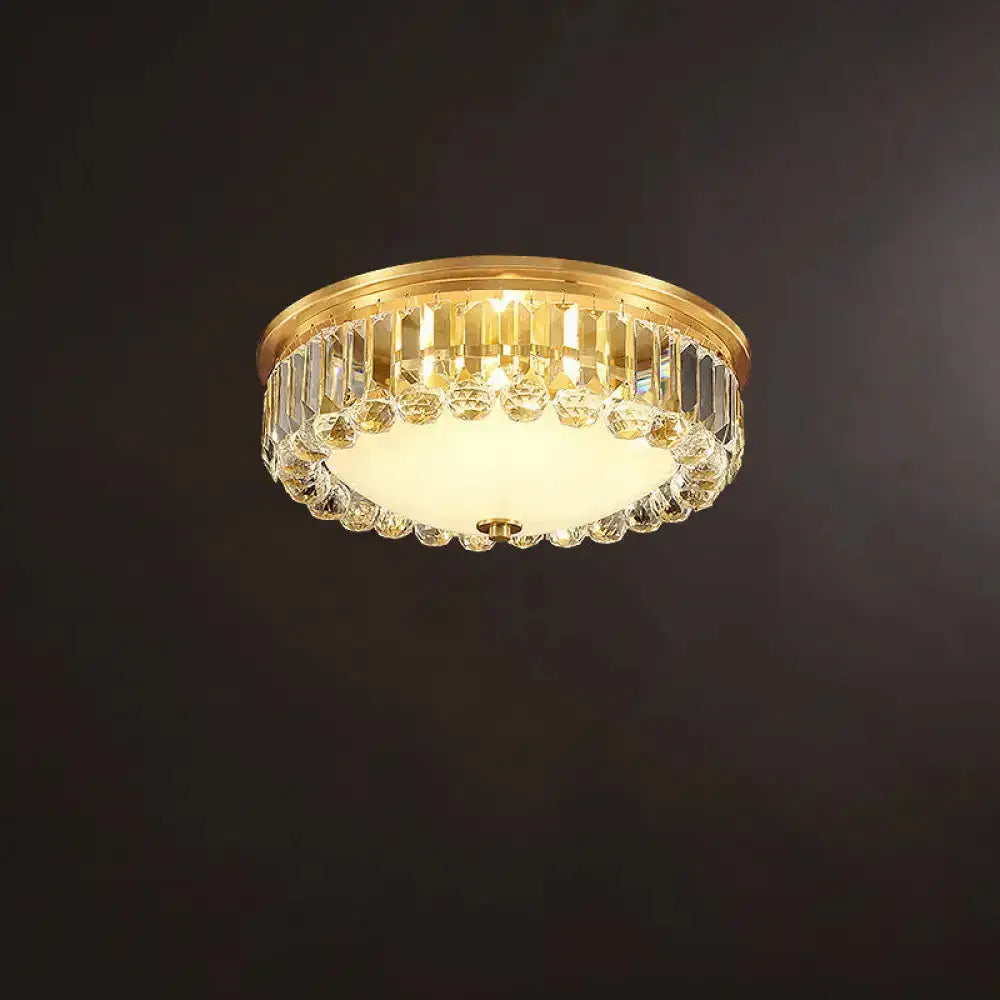 Country Brass Led Flush Ceiling Light With Frosted Glass And Crystal Round Edge / 18’