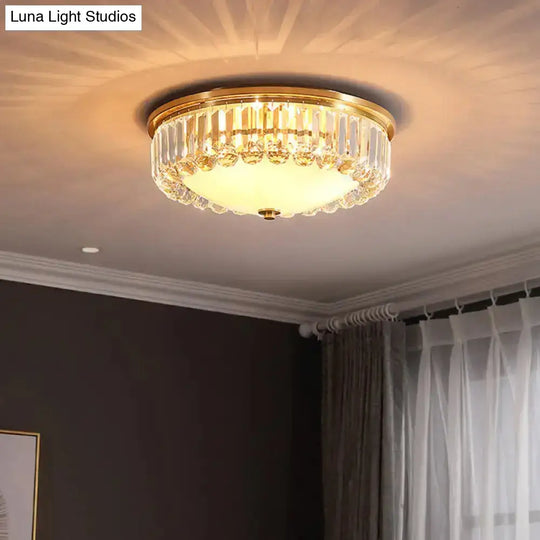 Country Brass Led Flush Ceiling Light With Frosted Glass And Crystal Round Edge