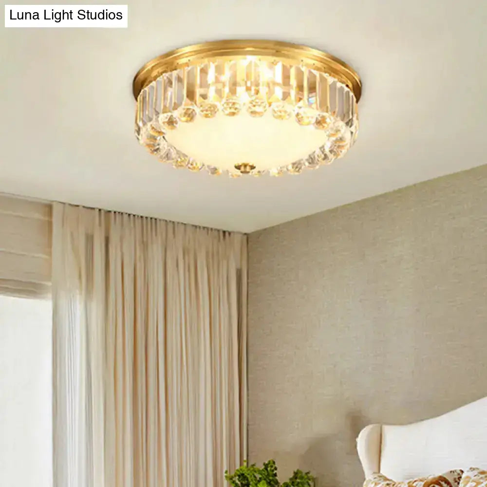 Country Brass Led Flush Ceiling Light With Frosted Glass And Crystal Round Edge