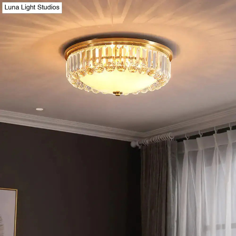 Country Brass Led Flush Ceiling Light With Frosted Glass And Crystal Round Edge