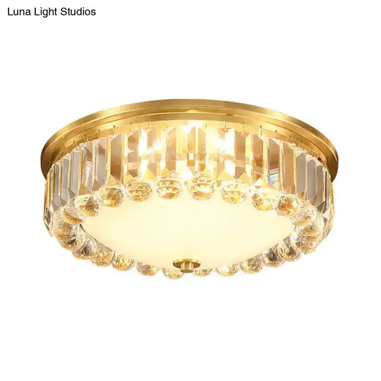 Country Brass Led Flush Ceiling Light With Frosted Glass And Crystal Round Edge