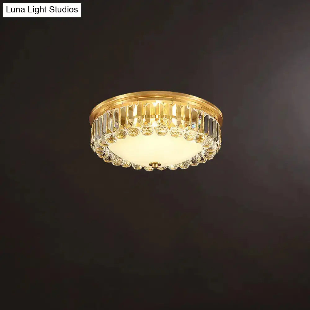 Country Brass Led Flush Ceiling Light With Frosted Glass And Crystal Round Edge