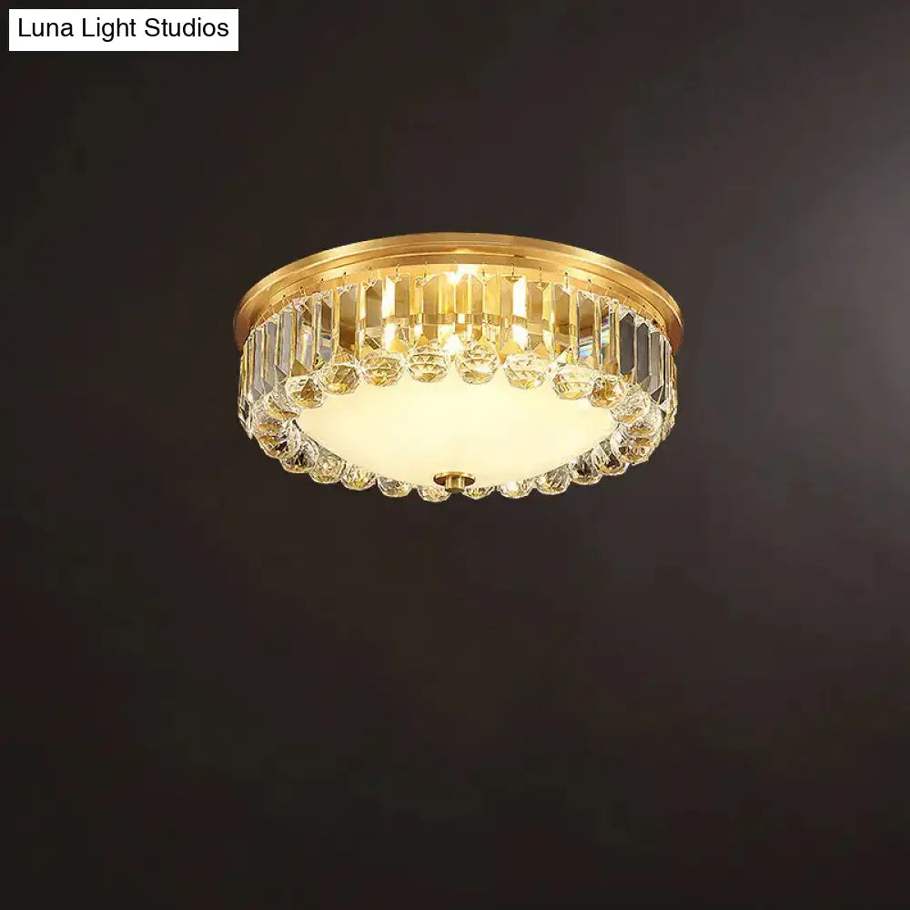 Country Brass Led Flush Ceiling Light With Frosted Glass And Crystal Round Edge