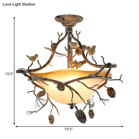 Country Bronze 3-Light Bowl Semi Flush Mount With Frosted Glass - Ideal For Bedroom Lighting