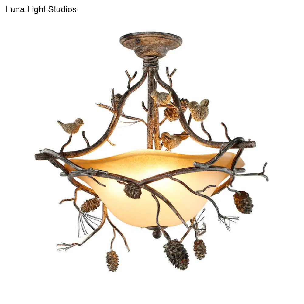 Country Bronze 3-Light Bowl Semi Flush Mount With Frosted Glass - Ideal For Bedroom Lighting