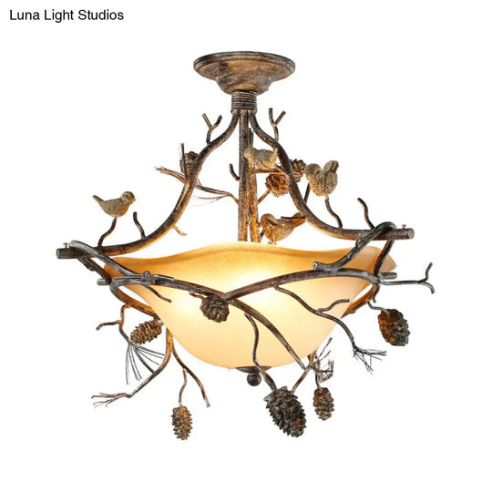 Country Bronze 3-Light Bowl Semi Flush Mount With Frosted Glass - Ideal For Bedroom Lighting
