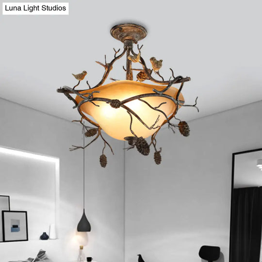 Country Bronze 3 - Light Bowl Semi Flush Mount With Frosted Glass - Ideal For Bedroom Lighting