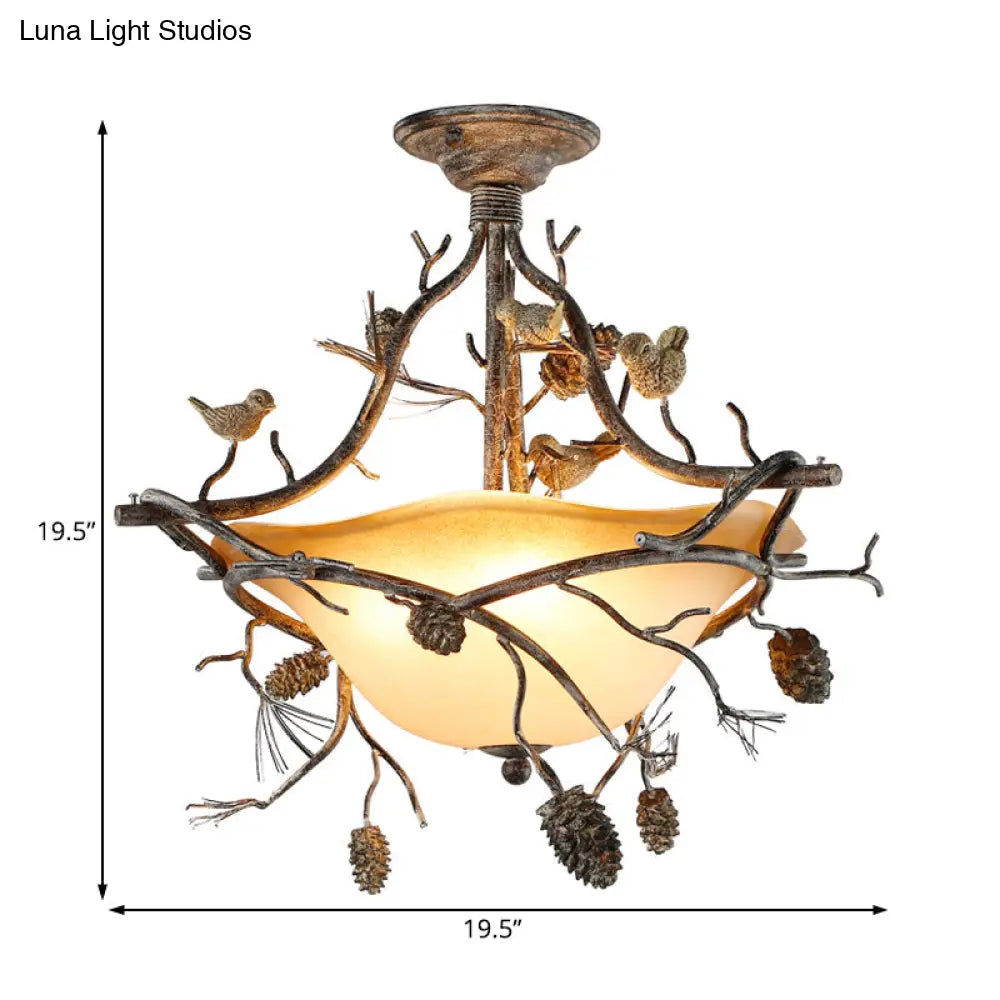Country Bronze 3 - Light Bowl Semi Flush Mount With Frosted Glass - Ideal For Bedroom Lighting